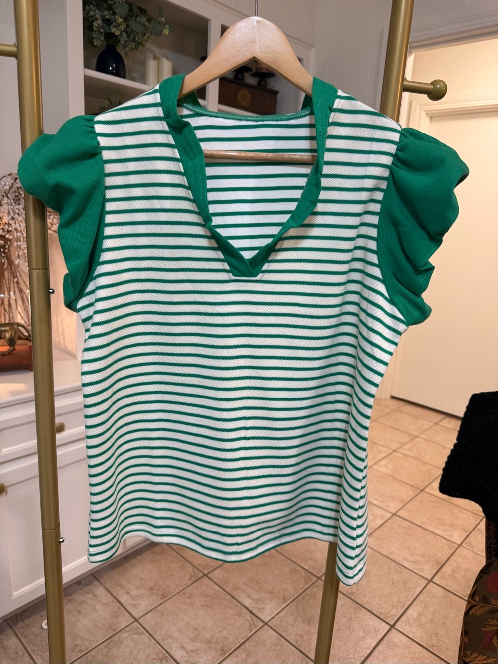 Tankaneo Green White Striped Ruffle Sleeve Top Size L NWOT